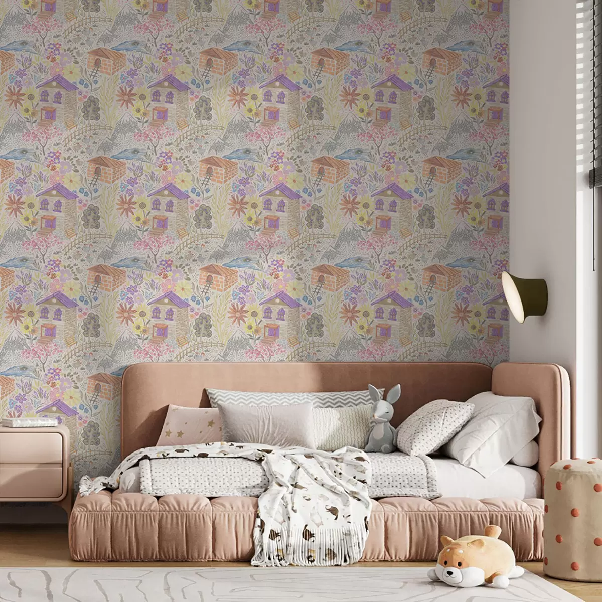 Papel pintado Dibujo infantil de un pueblo con una casa, montañas y flores. a00952