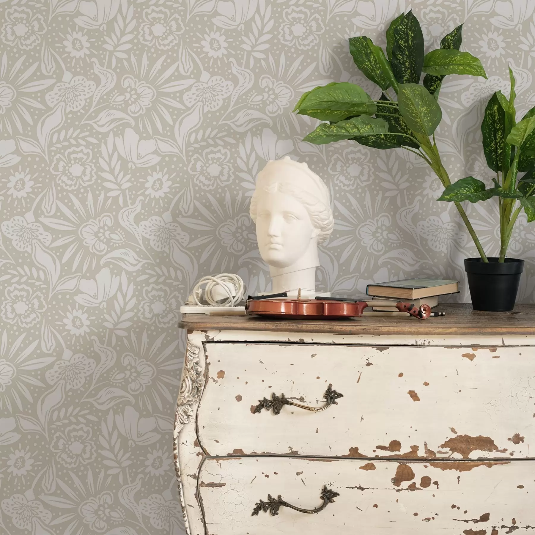 murales de pared Adorno floral lineal blanco sobre fondo beige a00956