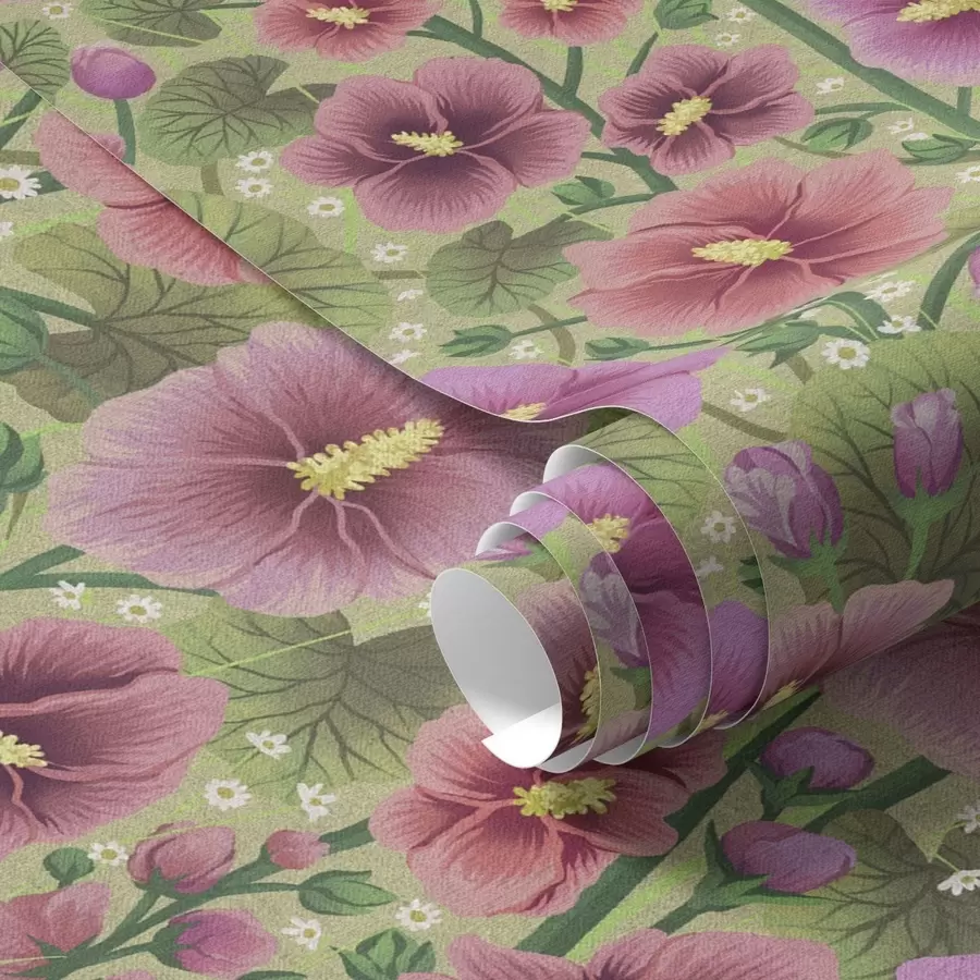 murales de pared Grandes flores y hojas de hibisco sobre un fondo verde oscuro a00993