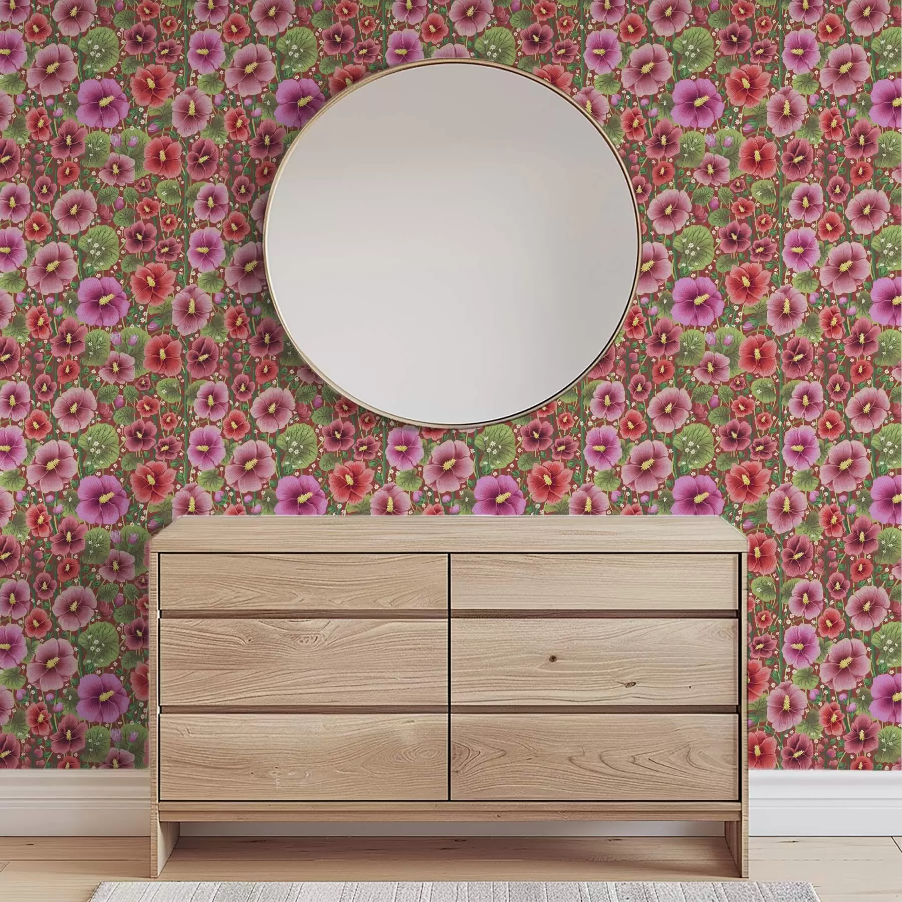 murales de pared Hibisco en flor sobre un cálido fondo marrón rojizo a00993v1