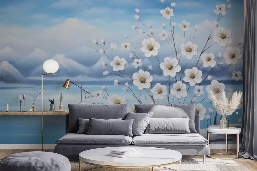 murales de pared Flores blancas primaverales junto a un lago helado con montañas nevadas, pintadas al óleo w09526