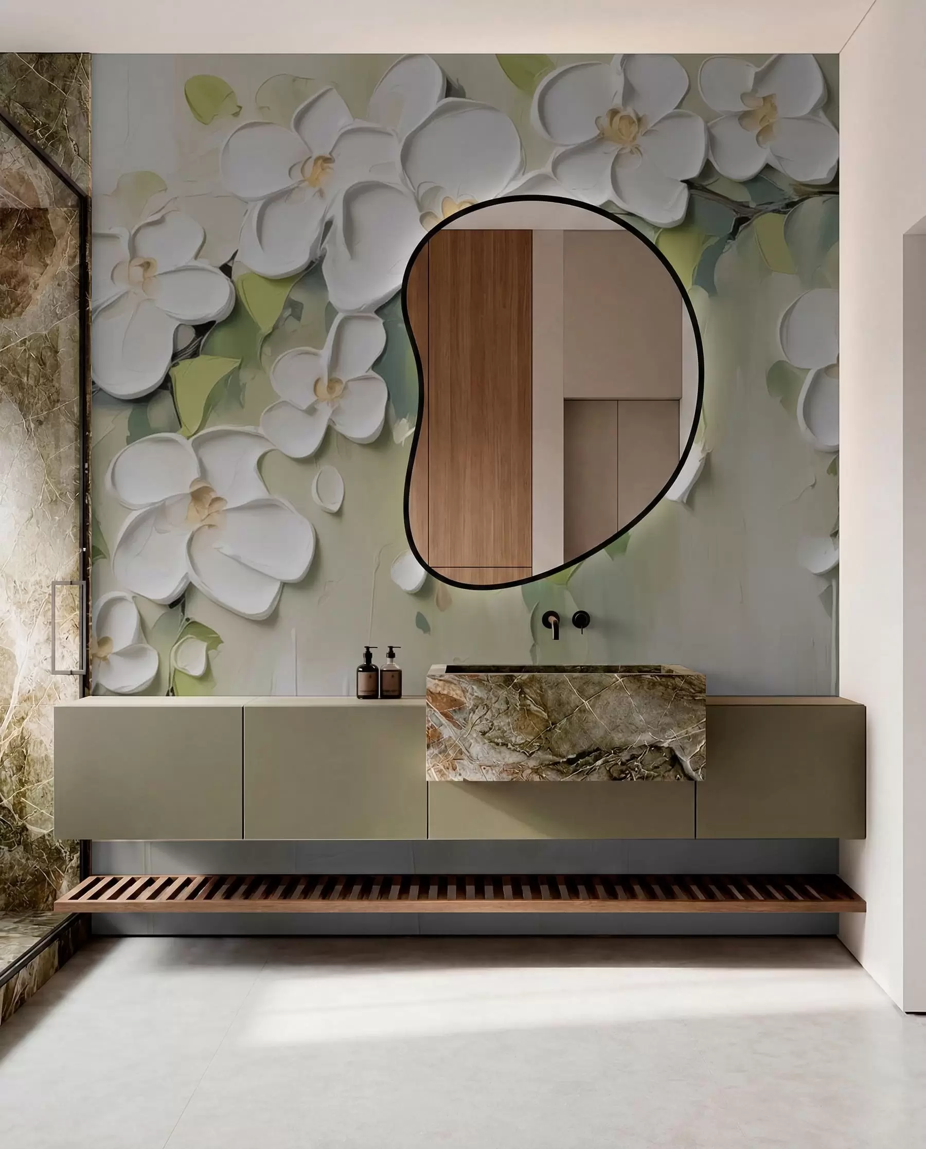 murales de pared Flores blancas en verde oliva w04978