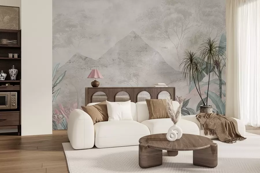 murales de pared Hojas de plátano en tonos pastel y flores tropicales con las montañas como telón de fondo. w04933