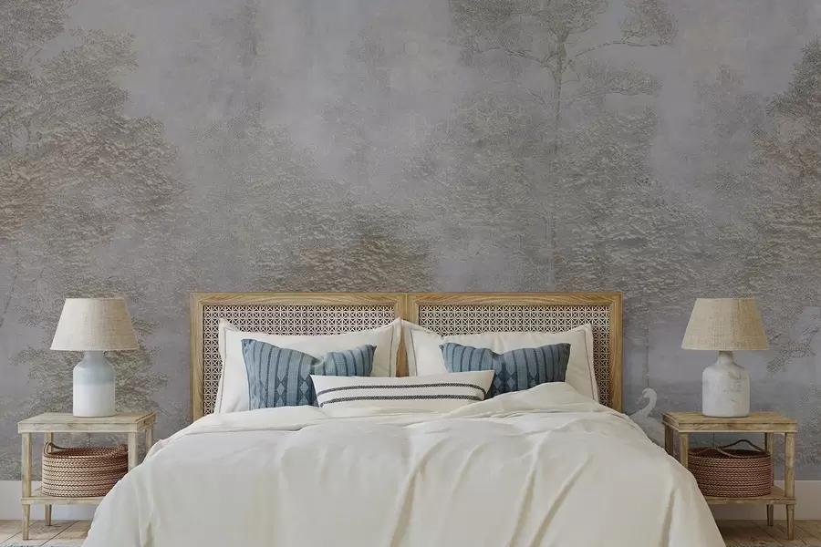 murales de pared Bosque brumoso con una garza blanca y textura suave w04953