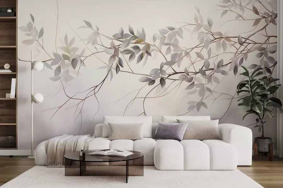 murales de pared Ramas de textura delicada con hojas en tonos grises, morados y verdes apagados sobre un fondo suave y difuminado w09336