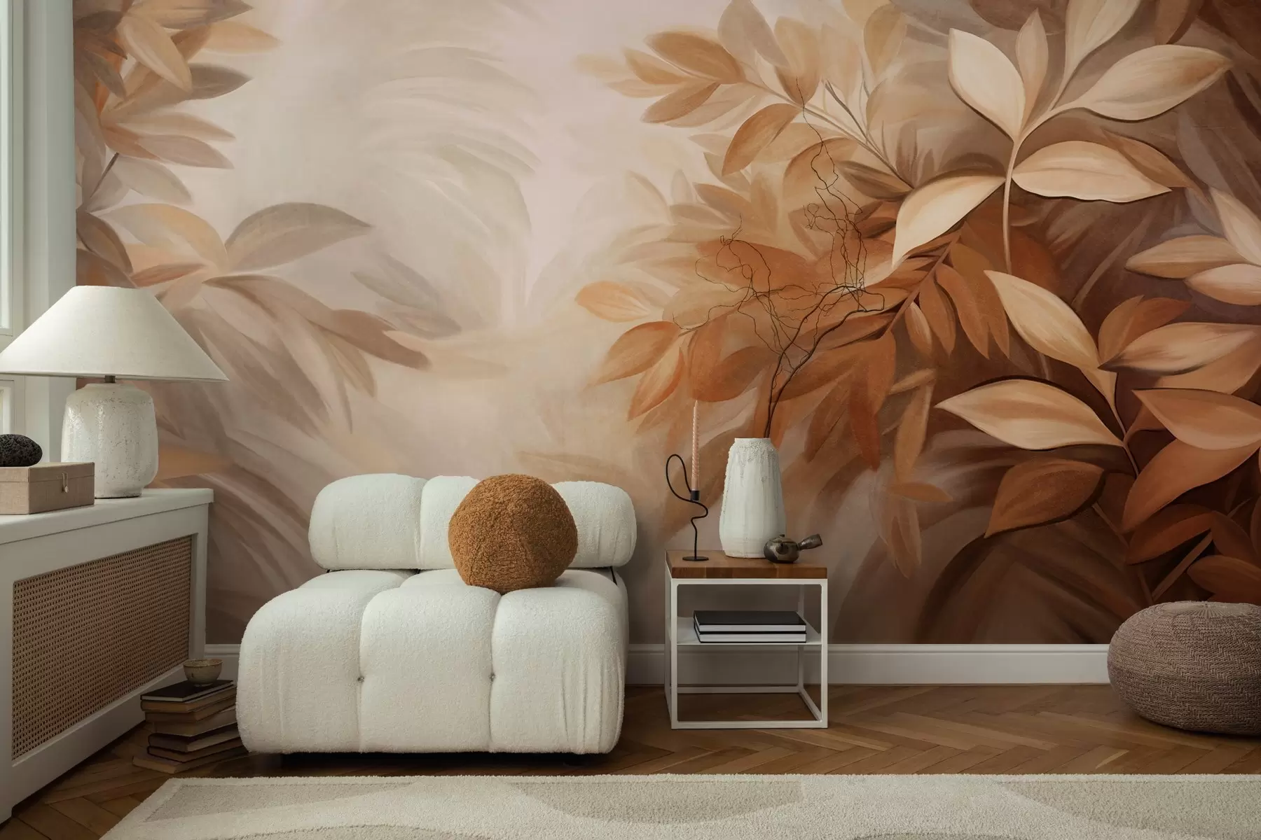 murales de pared Hojas marrones y beige con un follaje de textura suave y difuminada, en un estilo pictórico con pinceladas visibles w09584