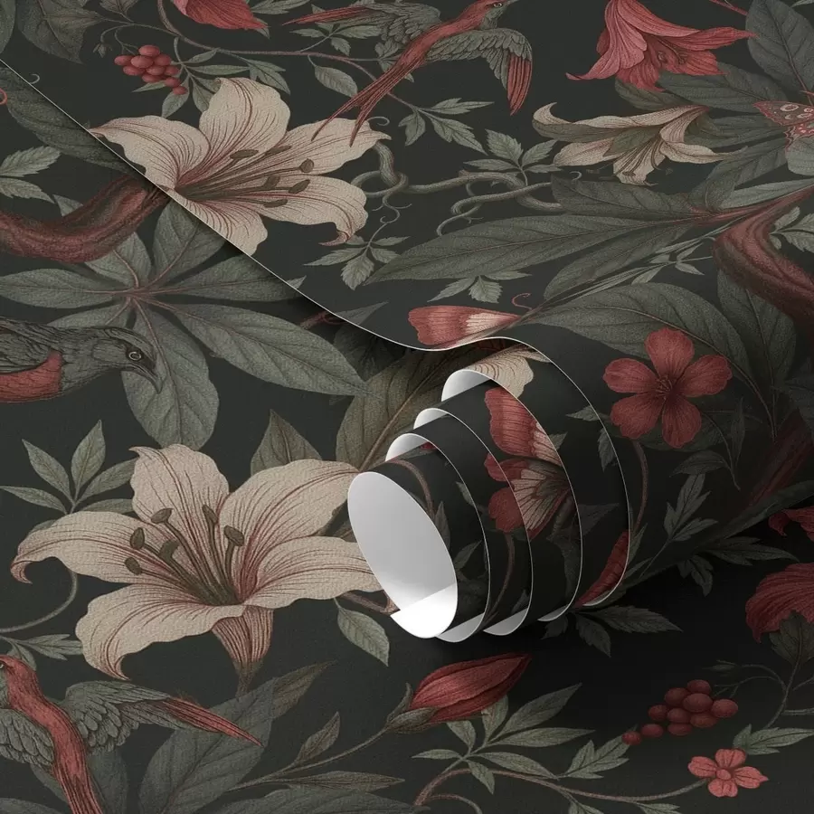 murales de pared Flores oscuras de la selva con pájaros y mariposas a00895