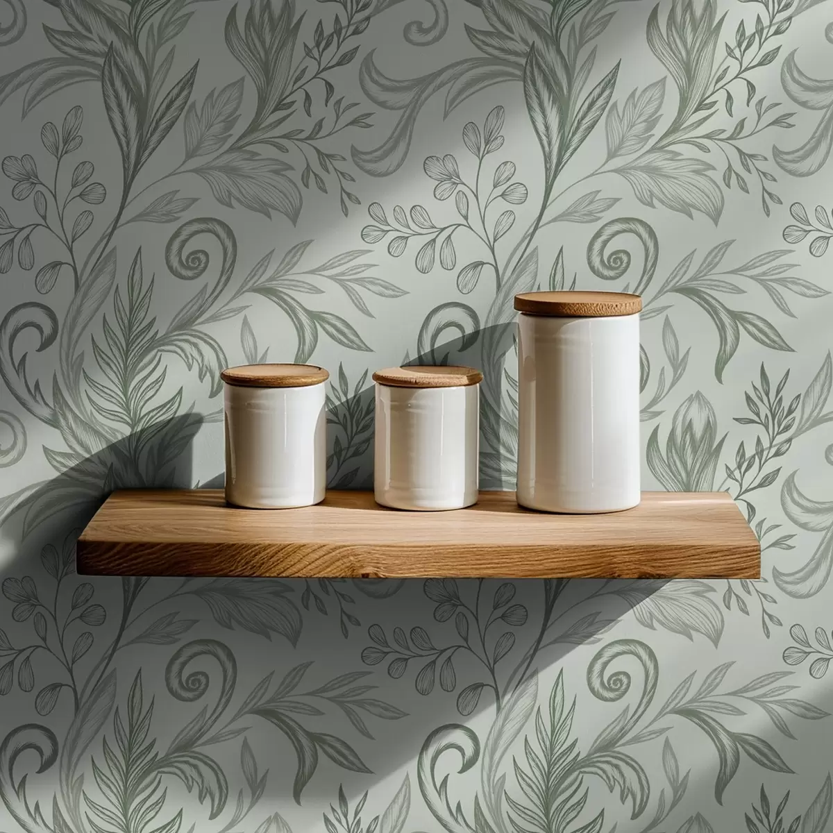 Papel pintado Hojas rizadas de menta suave con delicadas líneas gris verdosas. a00935v3