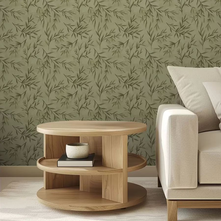 murales de pared Ramitas de olivo sobre un fondo texturizado de color amarillo verdoso apagado. a00936