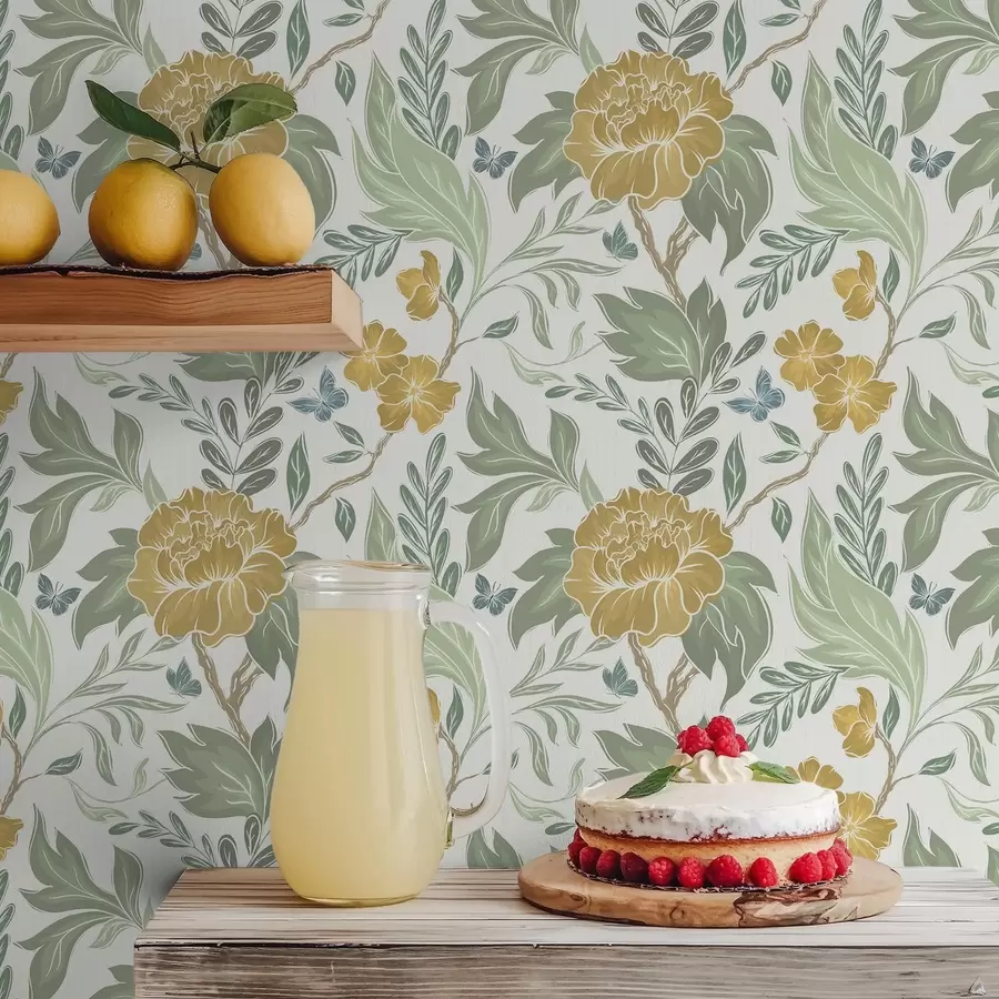 murales de pared Grandes peonías amarillas y vegetación sobre un fondo claro. a00941