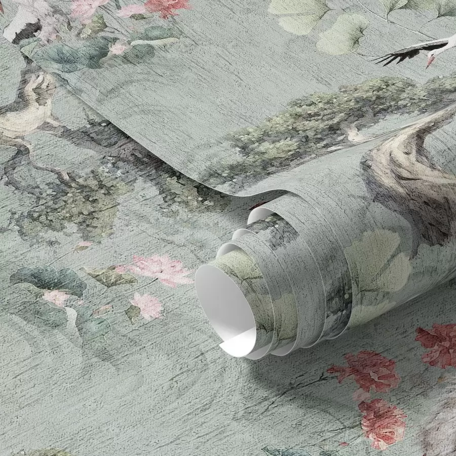 murales de pared Grullas entre pinos y lotos sobre un tranquilo fondo verde a00962