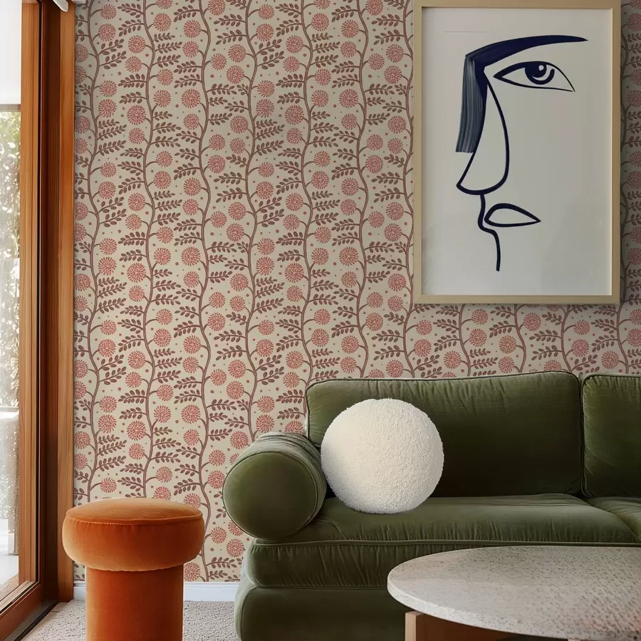 murales de pared Tallos de terracota con flores coralinas y esponjosas sobre fondo crema. a00997v1