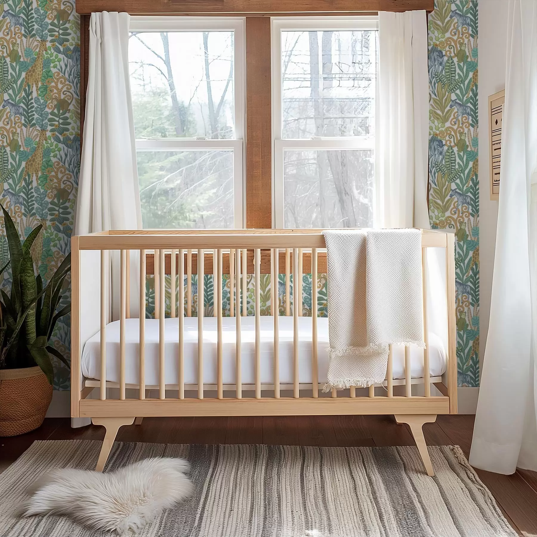 murales de pared Animales alegres de la sabana entre hojas sobre fondo blanco a01000