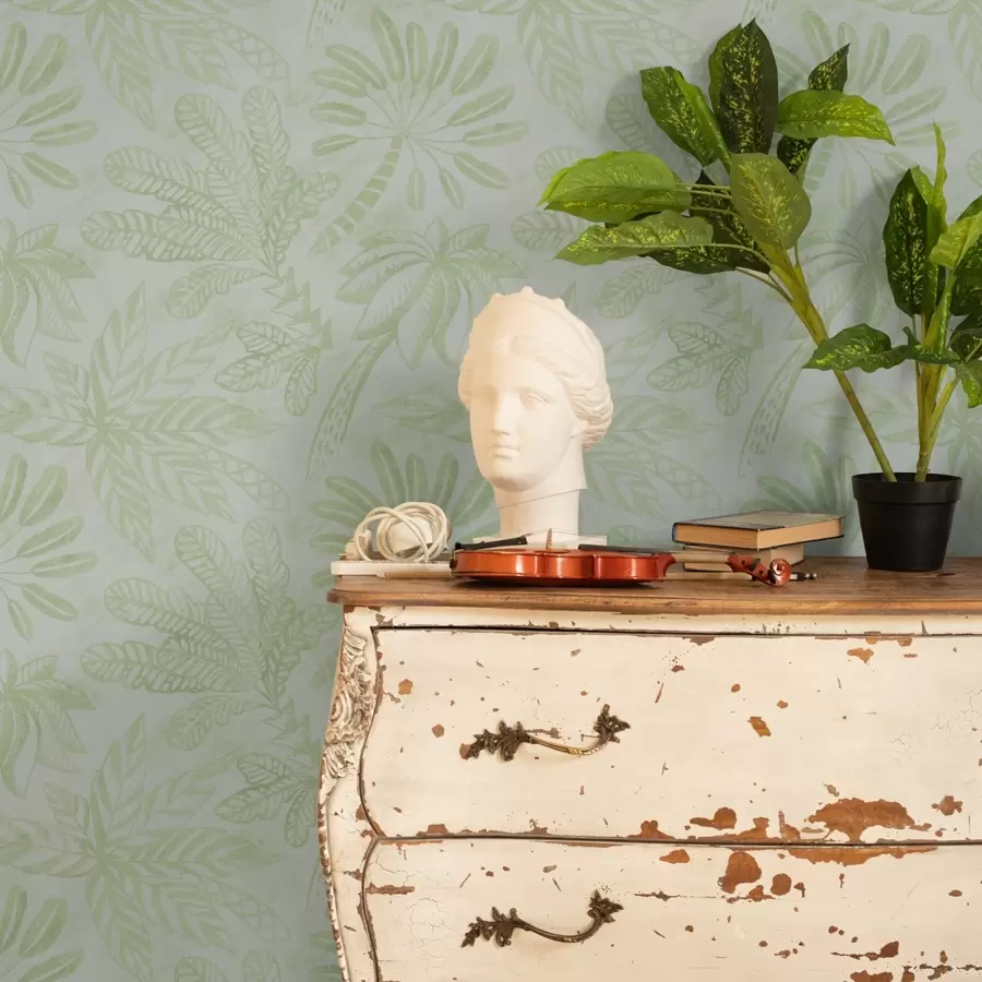 murales de pared Hojas tropicales esbozadas en tonos verde claro frescos a01001v1