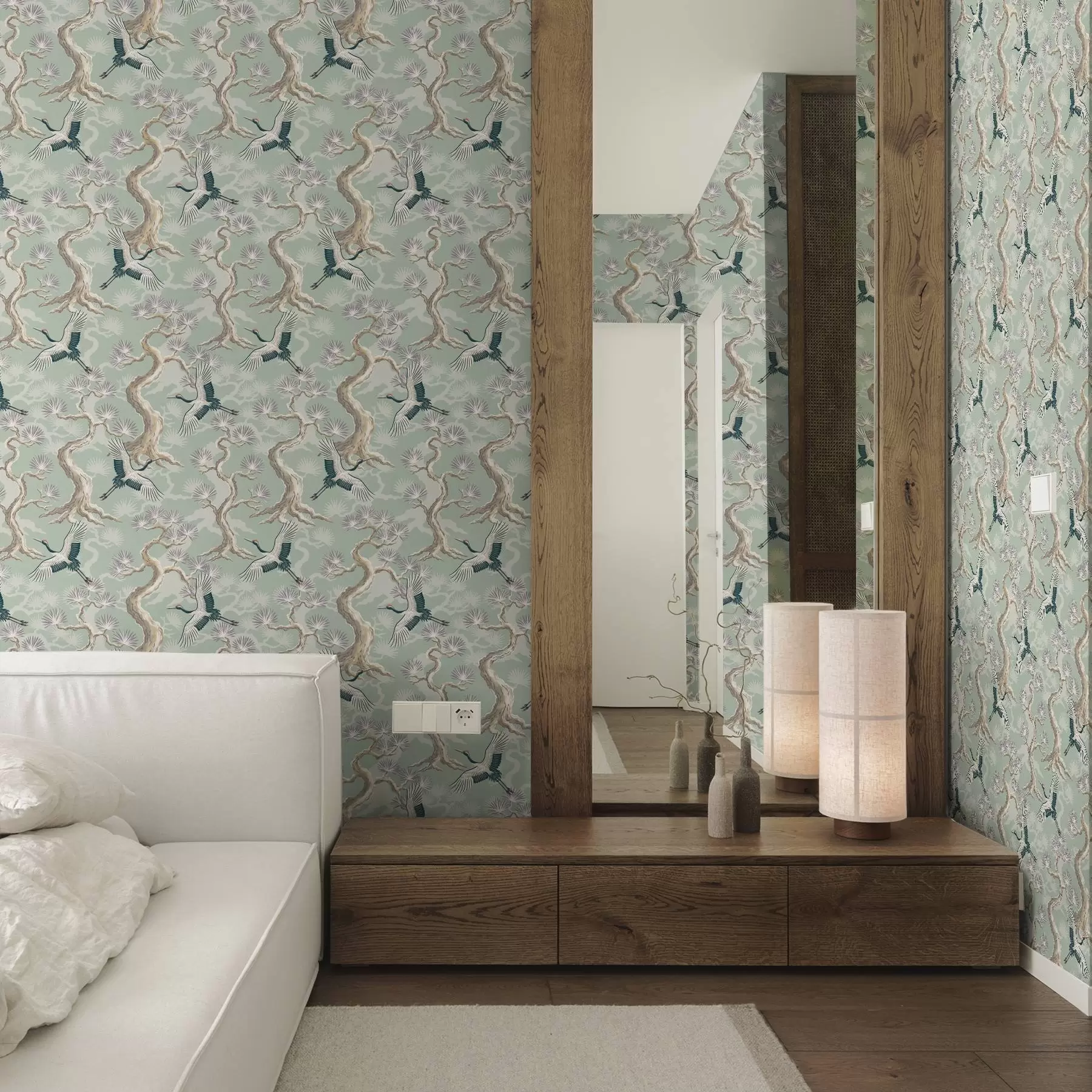 murales de pared Grullas entre ramas curvadas sobre un suave fondo color salvia. a01023