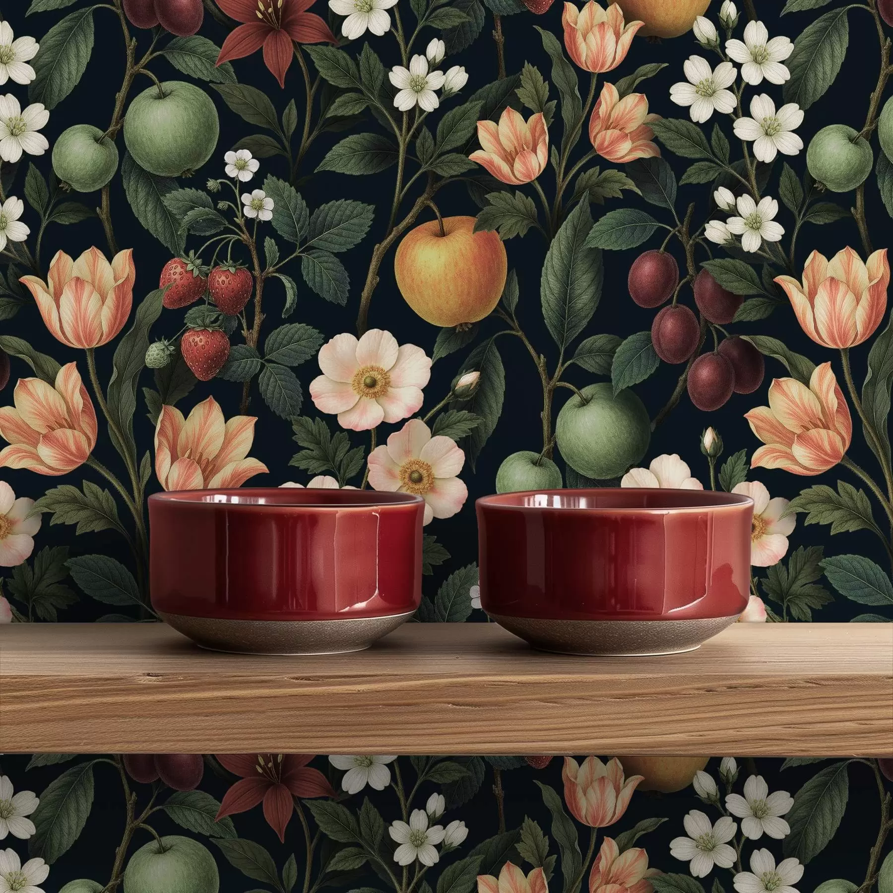 murales de pared Jardín oscuro con flores, manzanas maduras y bayas a01034