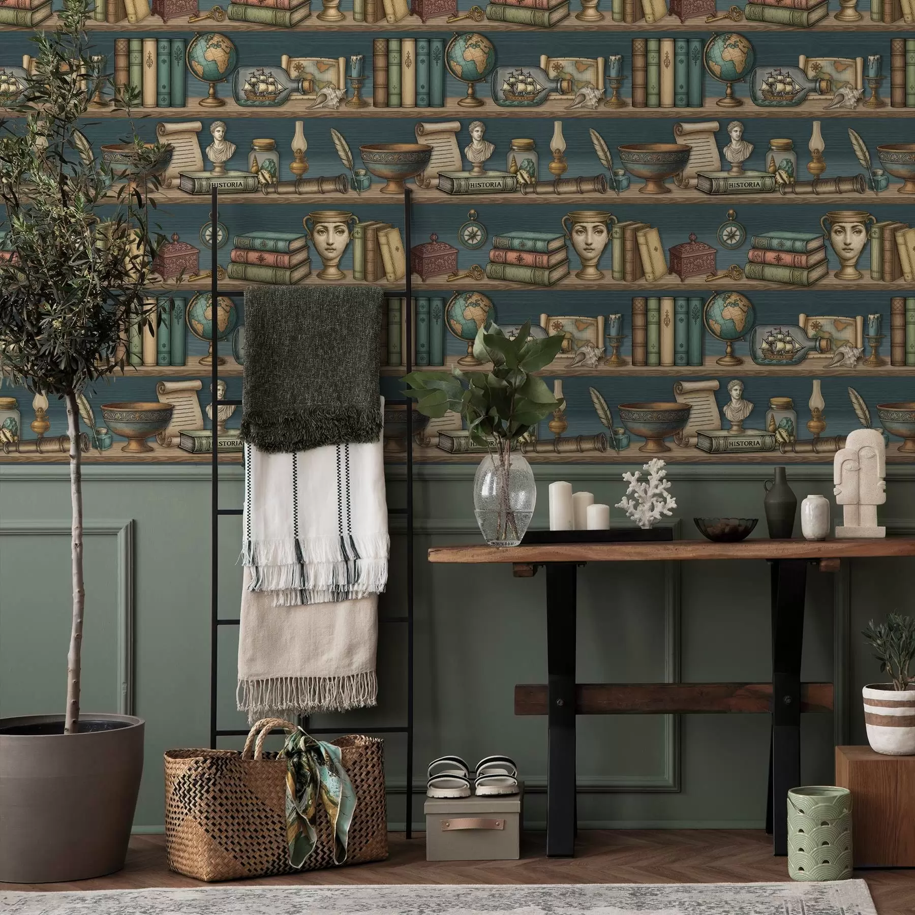 murales de pared Estanterías vintage con libros, un globo terráqueo y curiosidades marinas a01036