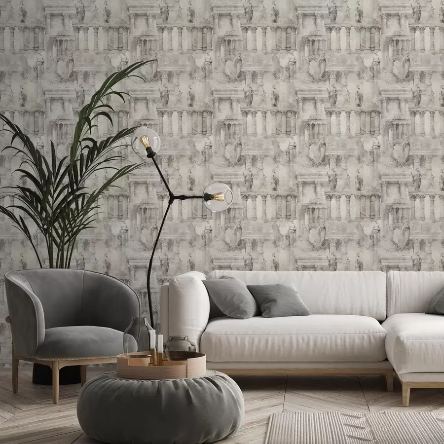 murales de pared Estatuas y columnas antiguas en suaves tonos beige grisáceos a01041