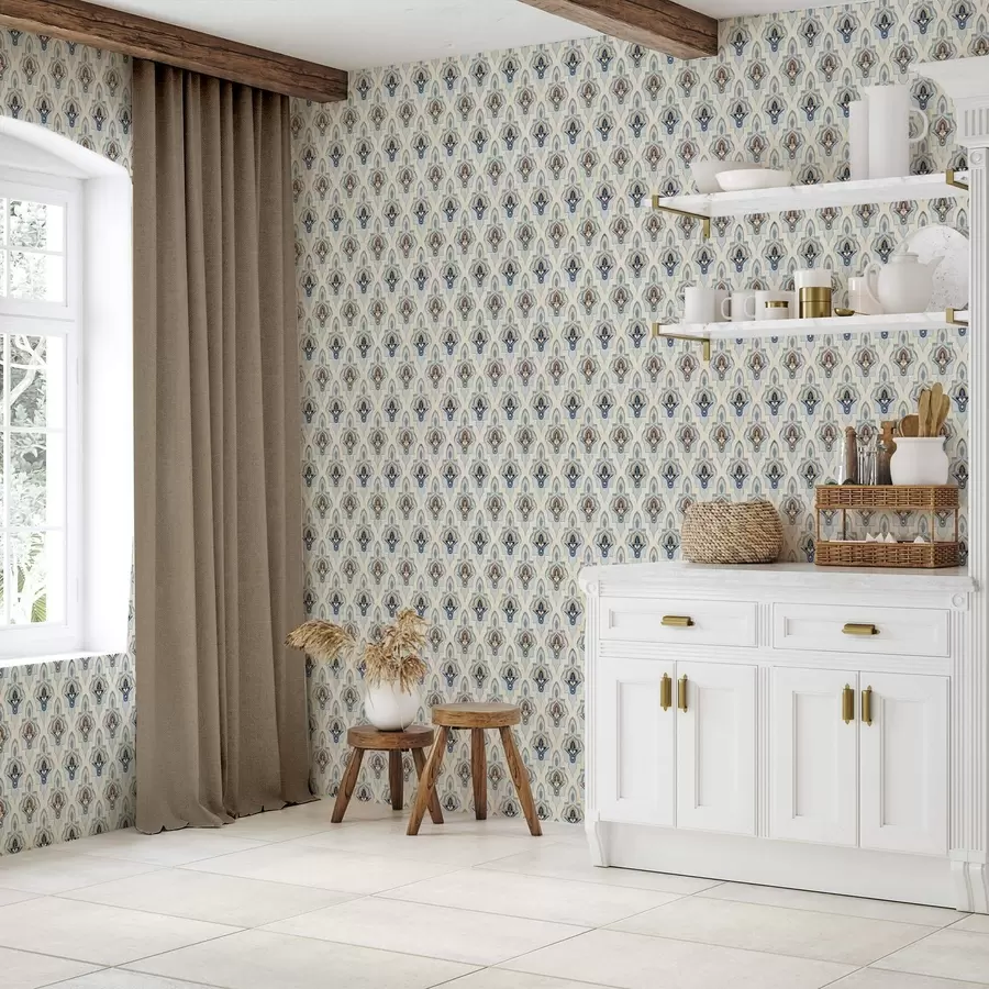 murales de pared Patrón oriental de azulejos pequeños en una paleta de colores azul y arena. a01044