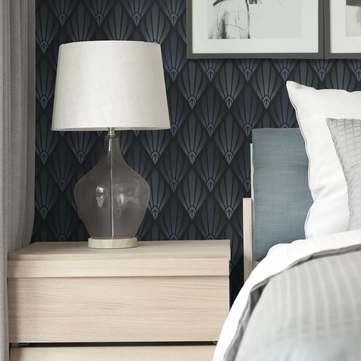 Papel pintado Art Déco azul grisáceo con formas en forma de abanico a01064v3