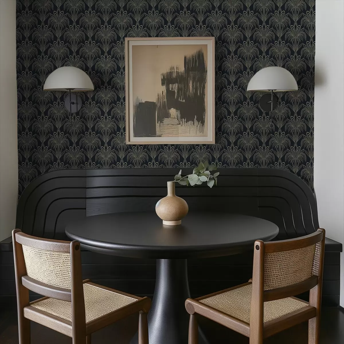 Papel pintado Adorno Art Déco oscuro con plantas estilizadas a01065