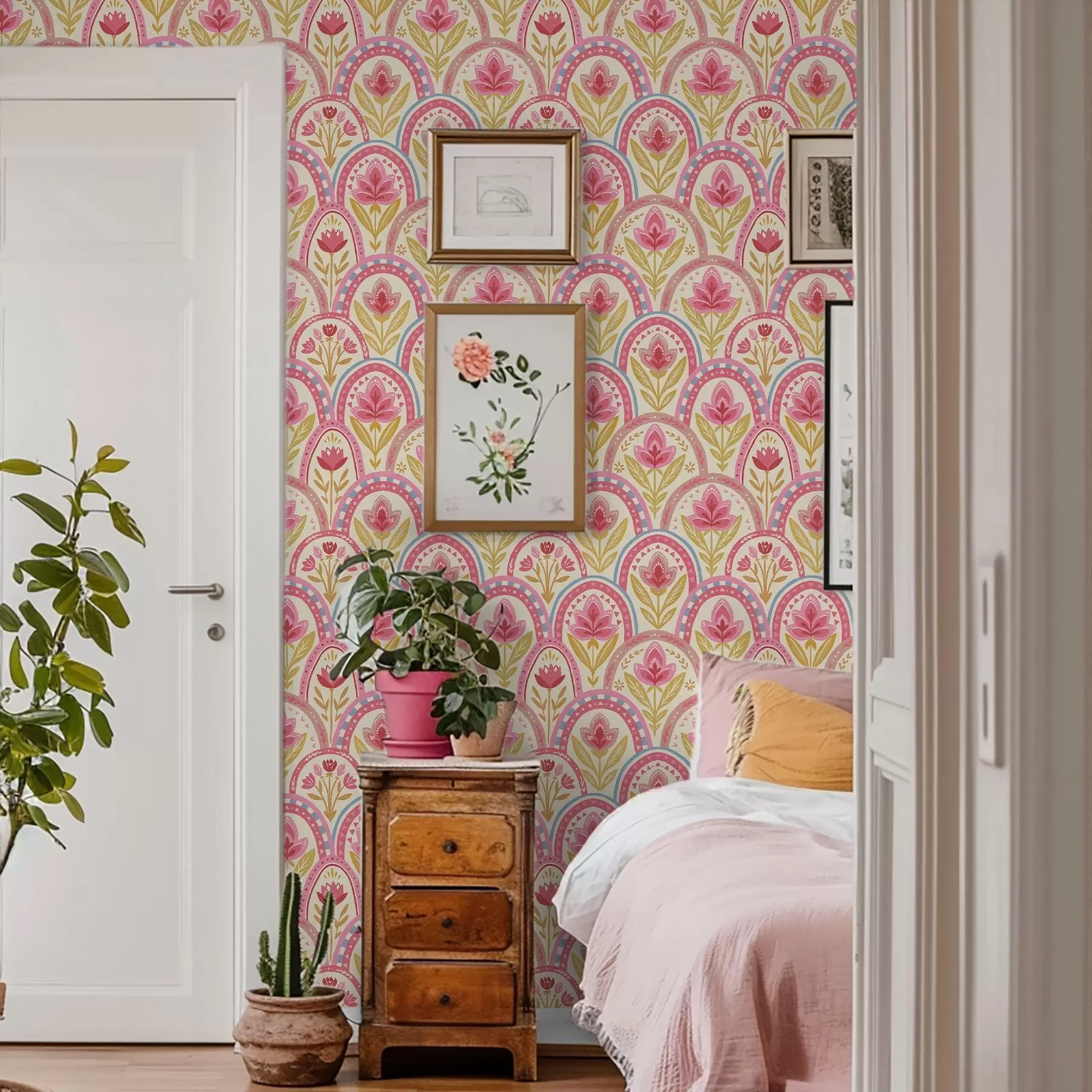 murales de pared Arcos con flores rosas en un diseño de estilo folclórico a01080