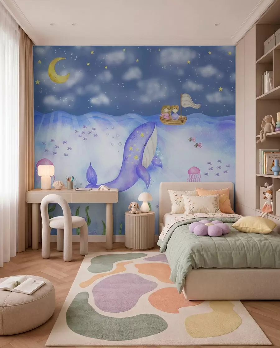 murales de pared Una ballena nada bajo una noche estrellada w01965