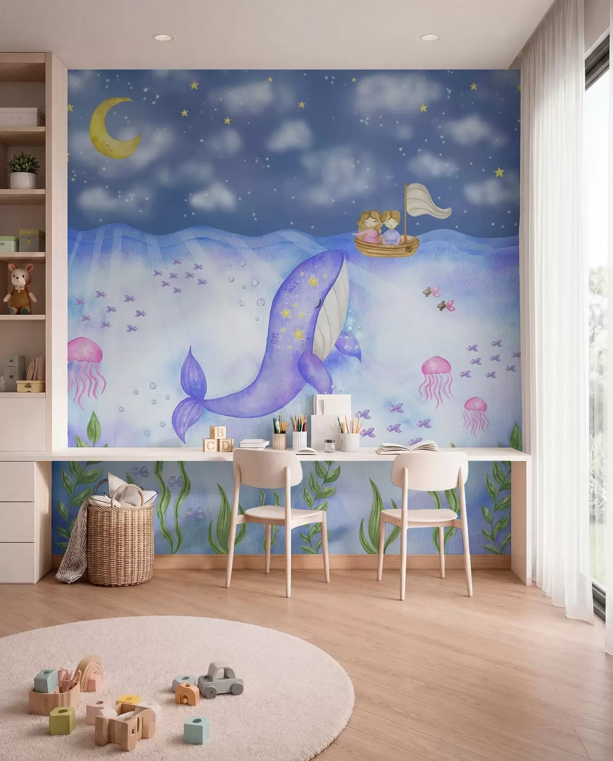 murales de pared Una ballena nada bajo una noche estrellada w01965