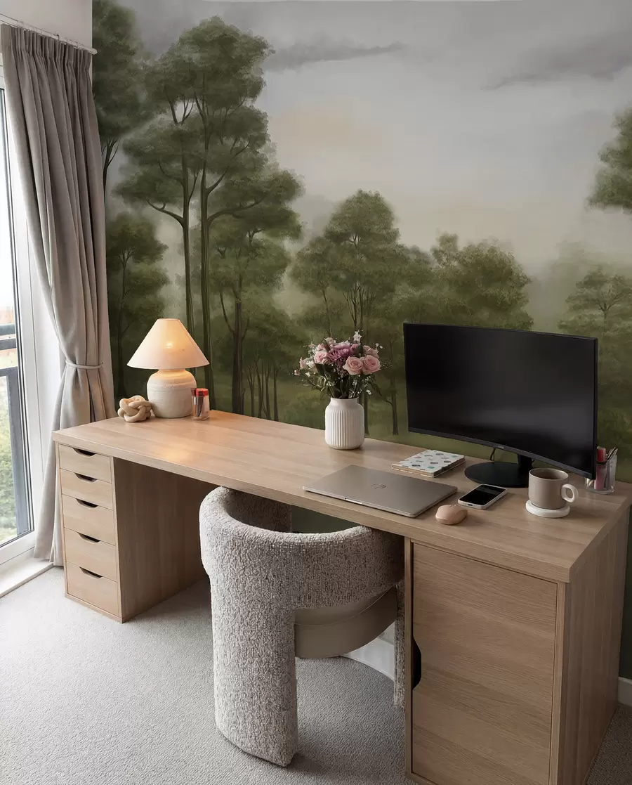 murales de pared Tranquilo paisaje forestal en tonos suaves w02193