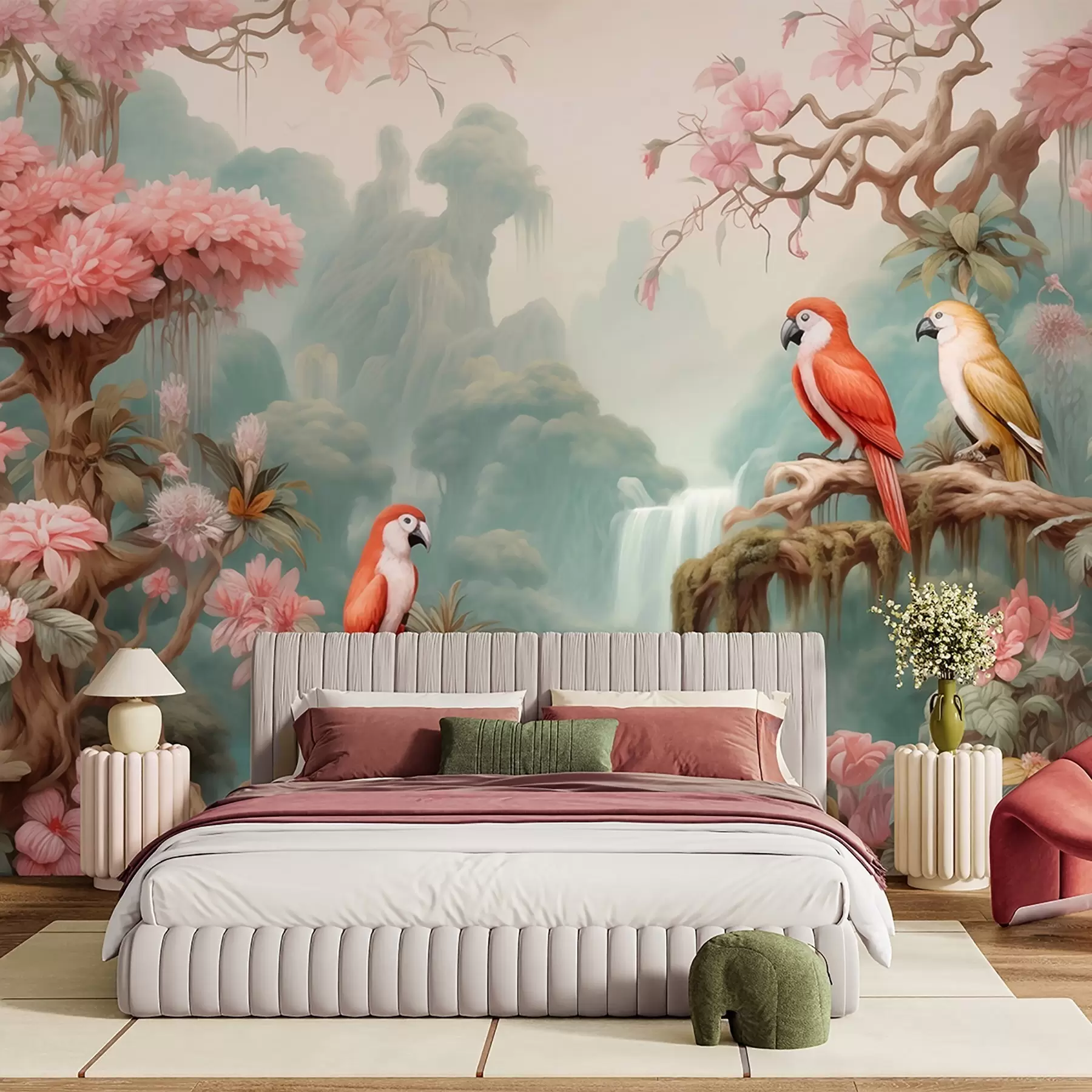 murales de pared Un bosque tropical de cuento de hadas con loros, árboles en flor con flores rosas y una cascada. w09580