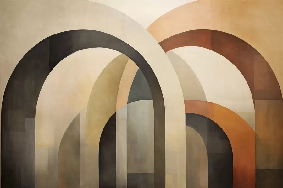 murales de pared Arcos geométricos abstractos con textura en tonos tierra de beige, marrón y gris, un diseño arquitectónico moderno en capas. w09611