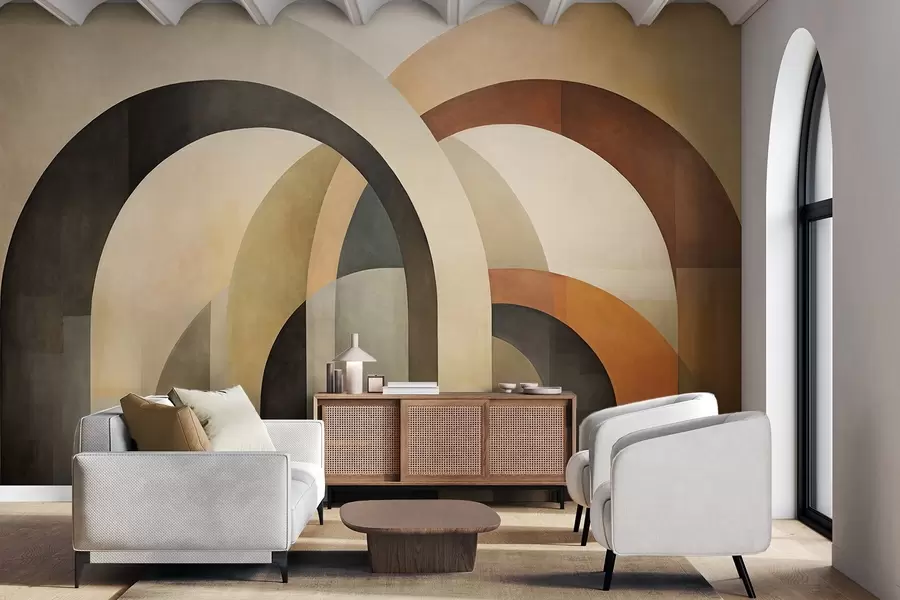 murales de pared Arcos geométricos abstractos con textura en tonos tierra de beige, marrón y gris, un diseño arquitectónico moderno en capas. w09611
