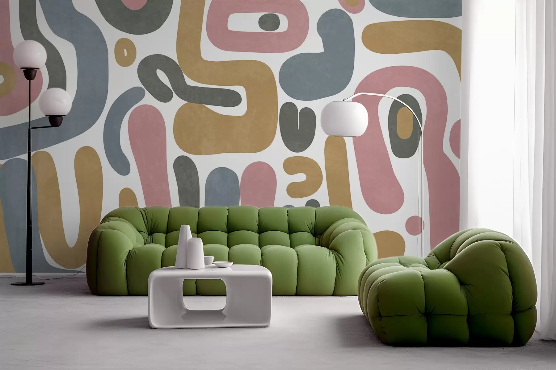 murales de pared Formas abstractas con textura en rosa pastel, azul apagado, amarillo mostaza y gris sobre fondo blanco, arte moderno. w09620