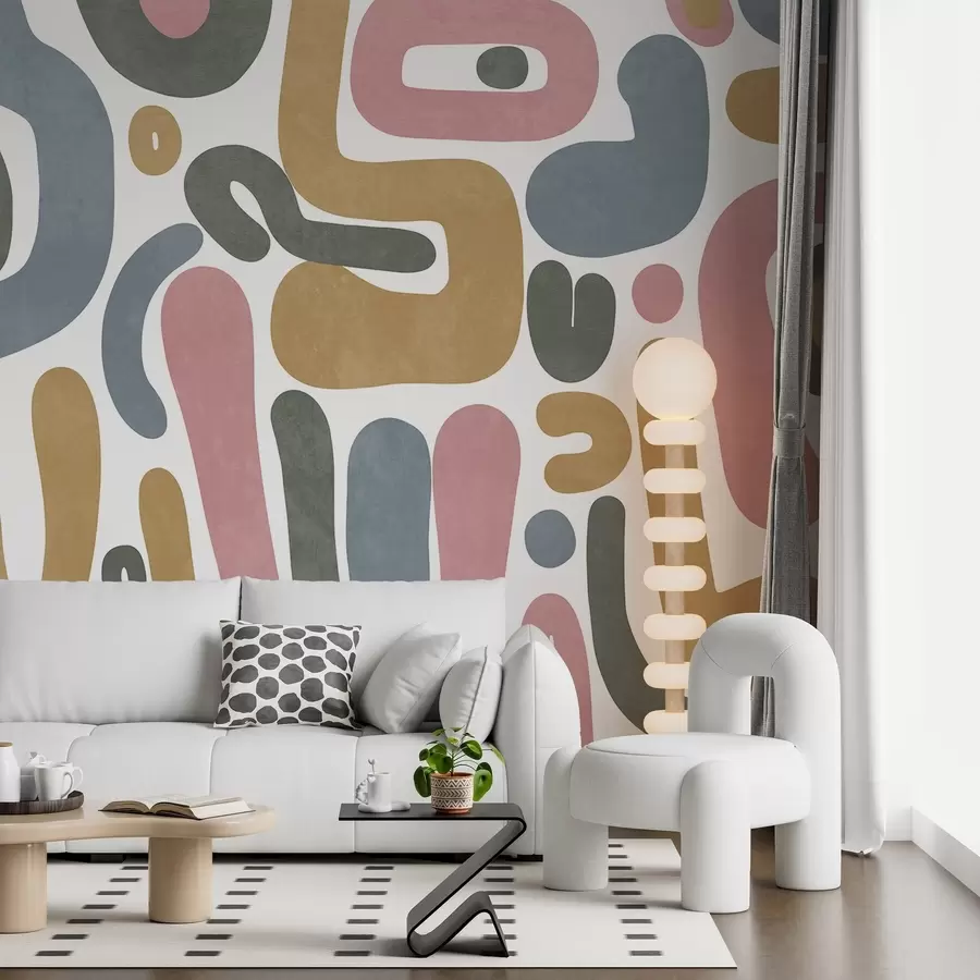 murales de pared Formas abstractas con textura en rosa pastel, azul apagado, amarillo mostaza y gris sobre fondo blanco, arte moderno. w09620