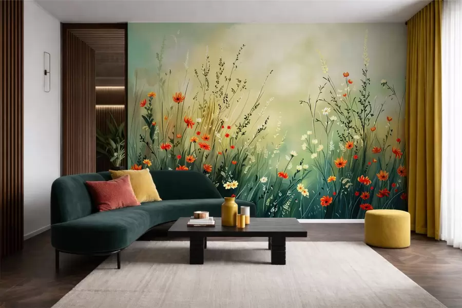 murales de pared Flores y hierbas del prado en un estilo pictórico suave. w05015