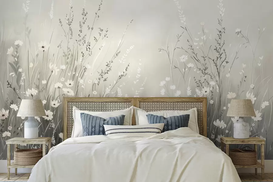 murales de pared Suave escena de pradera con flores blancas y delicadas hierbas. w05015v1