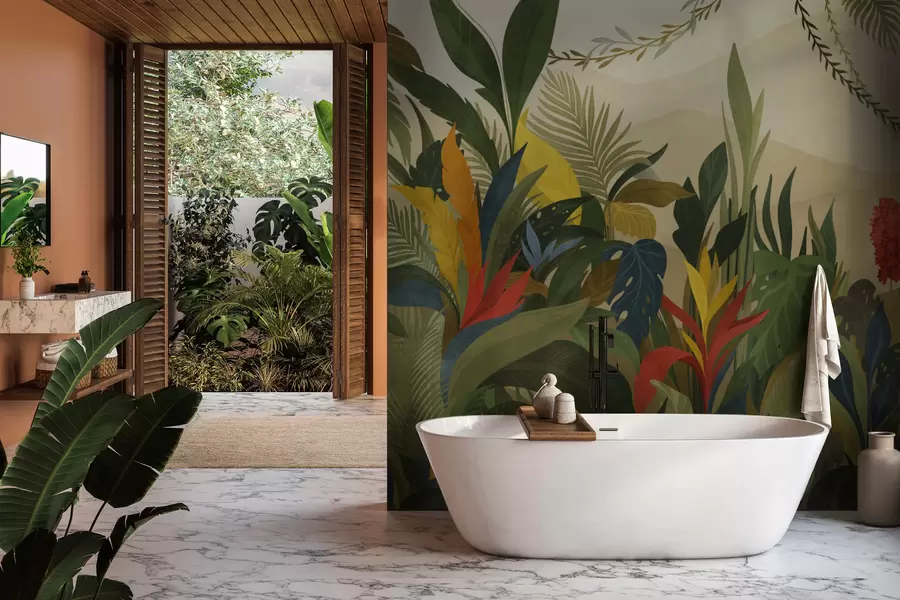 murales de pared Follaje tropical con hojas grandes y flores. w05019