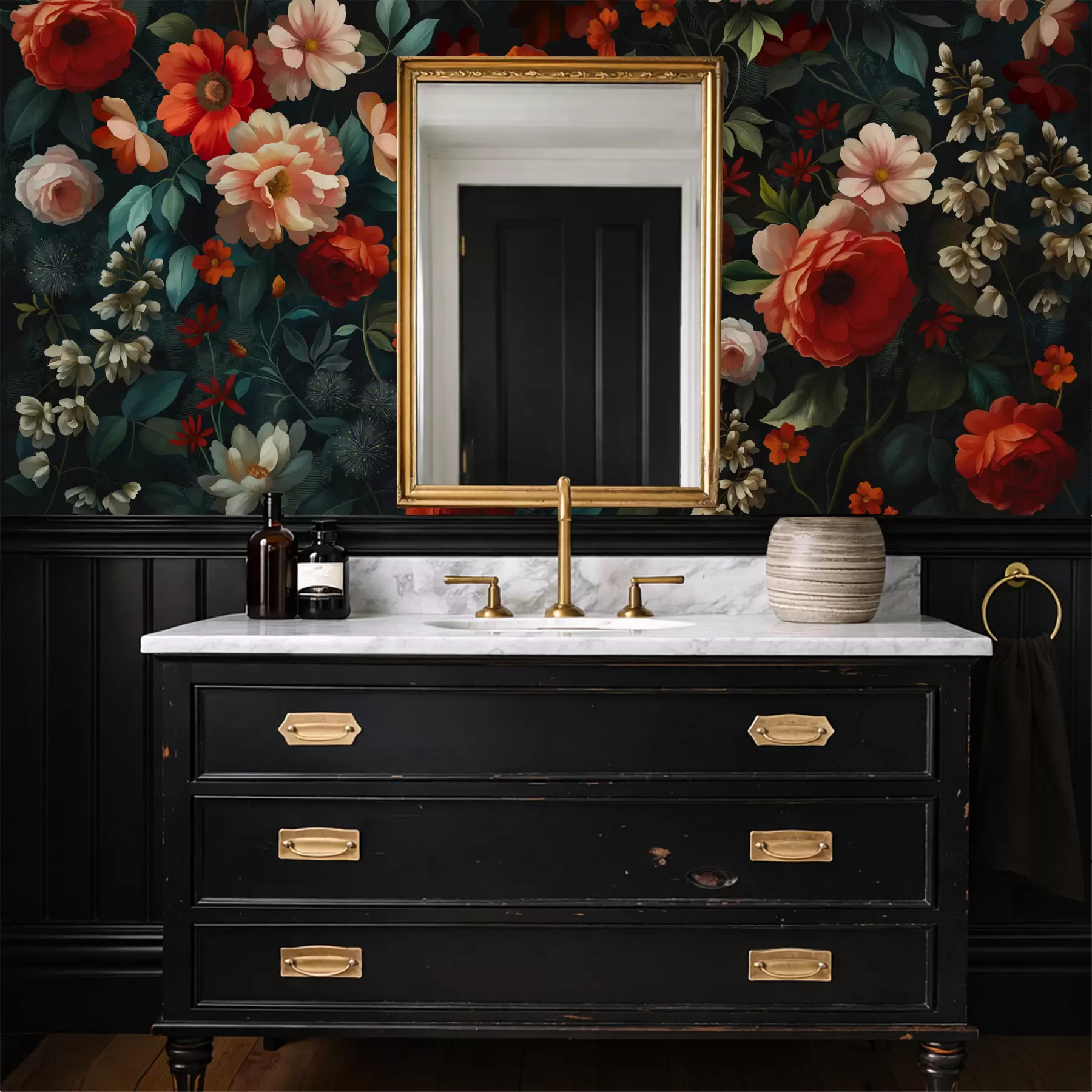 murales de pared Estampado floral oscuro con exuberantes flores de jardín. w05087