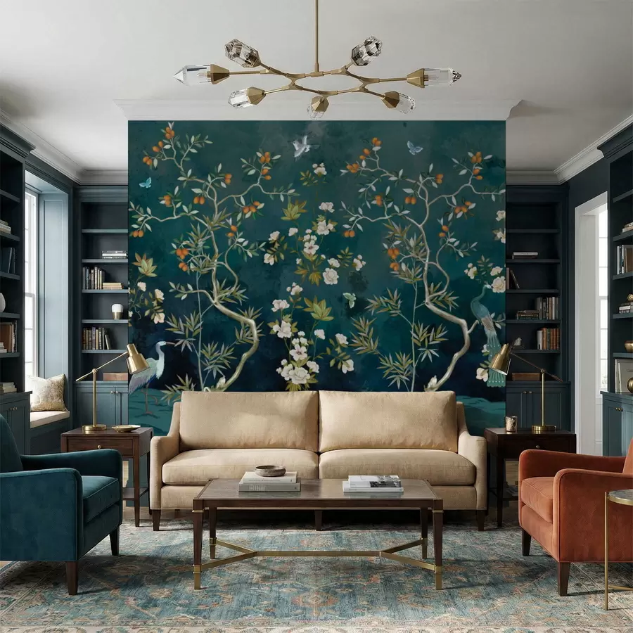 murales de pared Escena decorativa con árboles, flores y pájaros sobre fondo oscuro. w05004