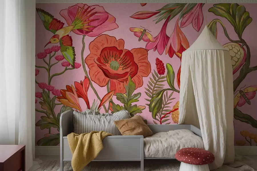 murales de pared Flores y pájaros decorativos sobre fondo rosa w05036v2