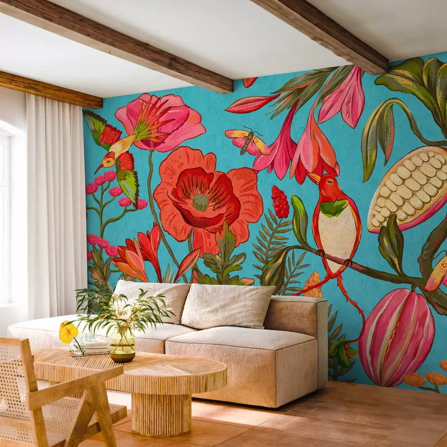 murales de pared Flores y pájaros decorativos sobre fondo azul w05036v3