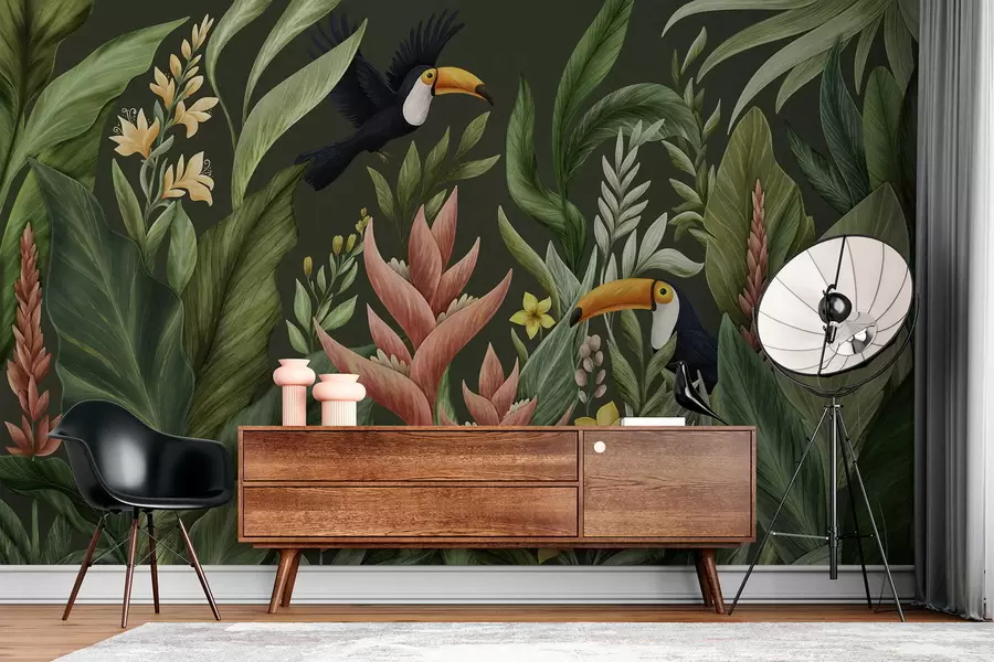 murales de pared Follaje tropical y aves de pico grande sobre fondo oscuro w05088