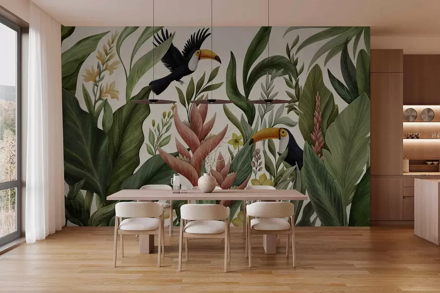 murales de pared Plantas tropicales y aves de pico grande sobre fondo claro w05088v1