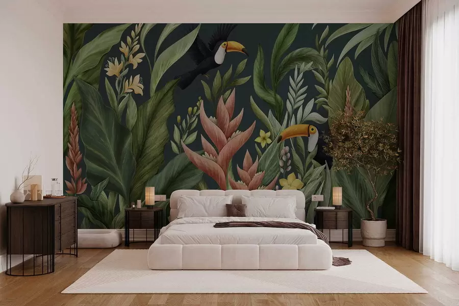 murales de pared Plantas tropicales y aves de pico grande sobre fondo oscuro w05088v2