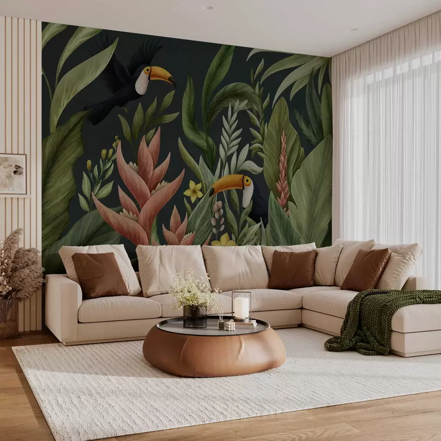 murales de pared Plantas tropicales y aves de pico grande sobre fondo oscuro w05088v2