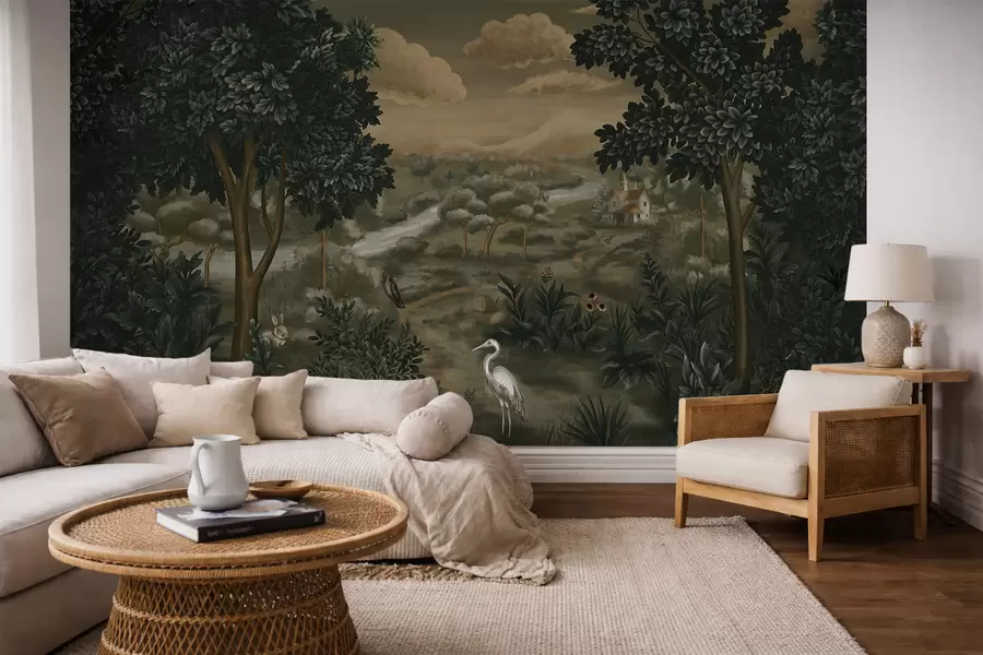 murales de pared Paisaje fantástico con río, casa y pájaros entre los árboles. w05090