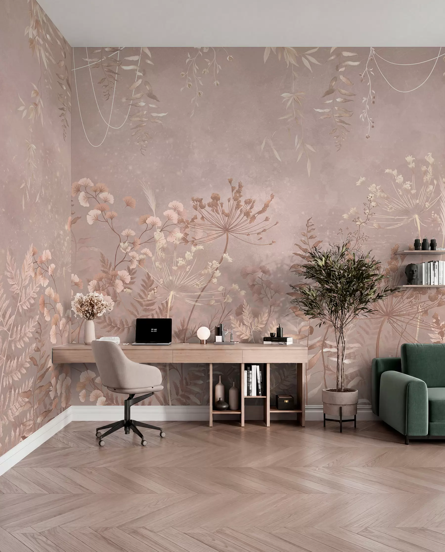 murales de pared Motivo botánico en beige suave con flores silvestres. w05092v2