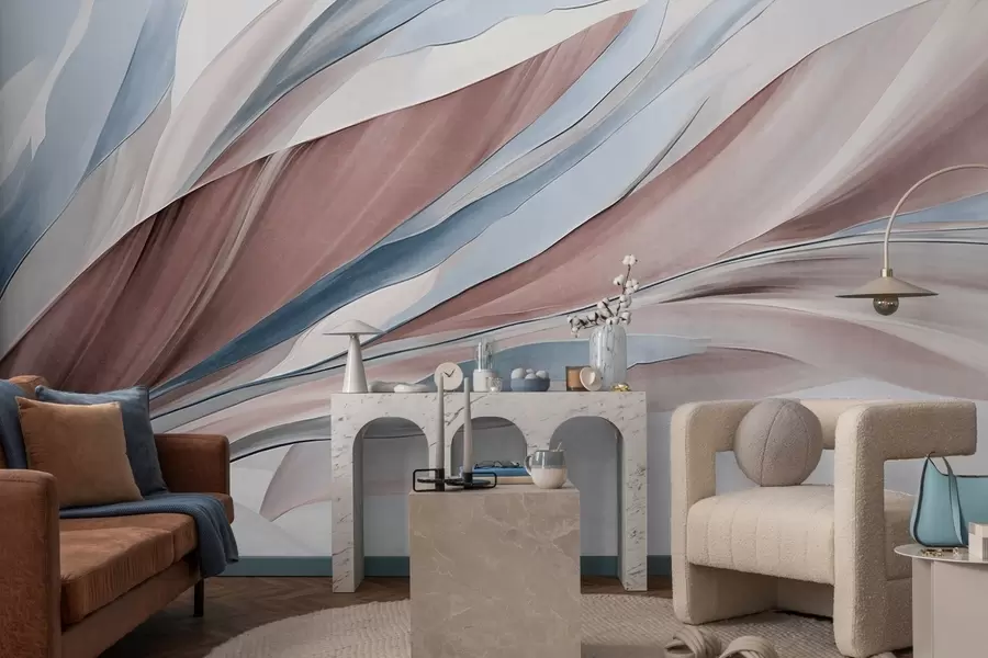 murales de pared Ondas abstractas fluidas de color azul y marrón, con formas y líneas finas, sobre un fondo blanco, arte texturizado. w09585v1