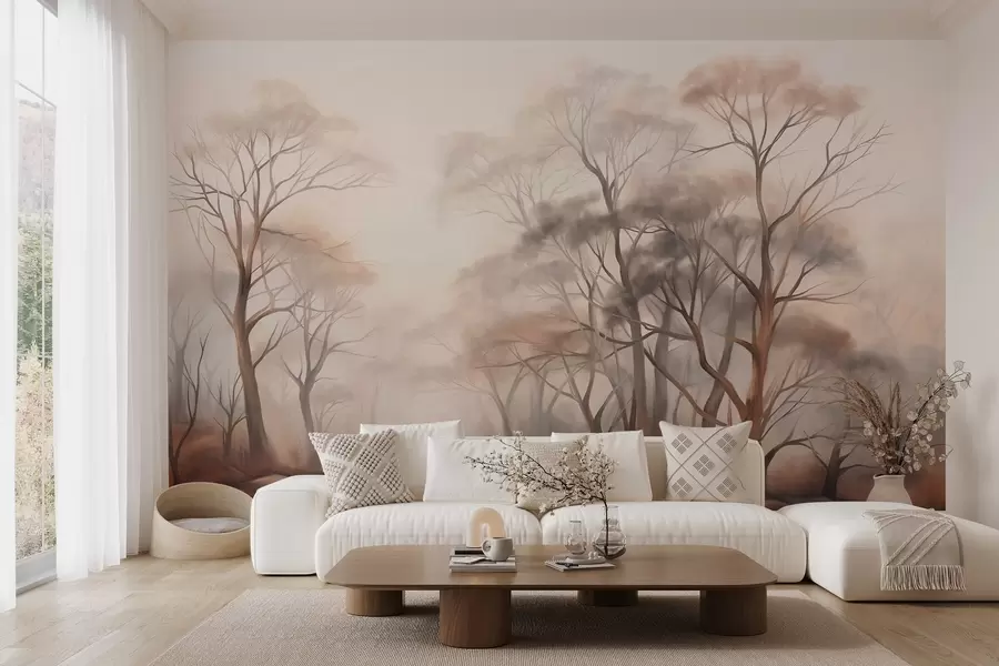 murales de pared Árboles con textura en un bosque brumoso, paisaje neblinoso con colores apagados y suave iluminación. w09609