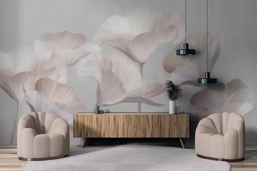murales de pared Flores de loto translúcidas con textura de melocotón pálido y delicados pétalos sobre un fondo gris apagado. w09640
